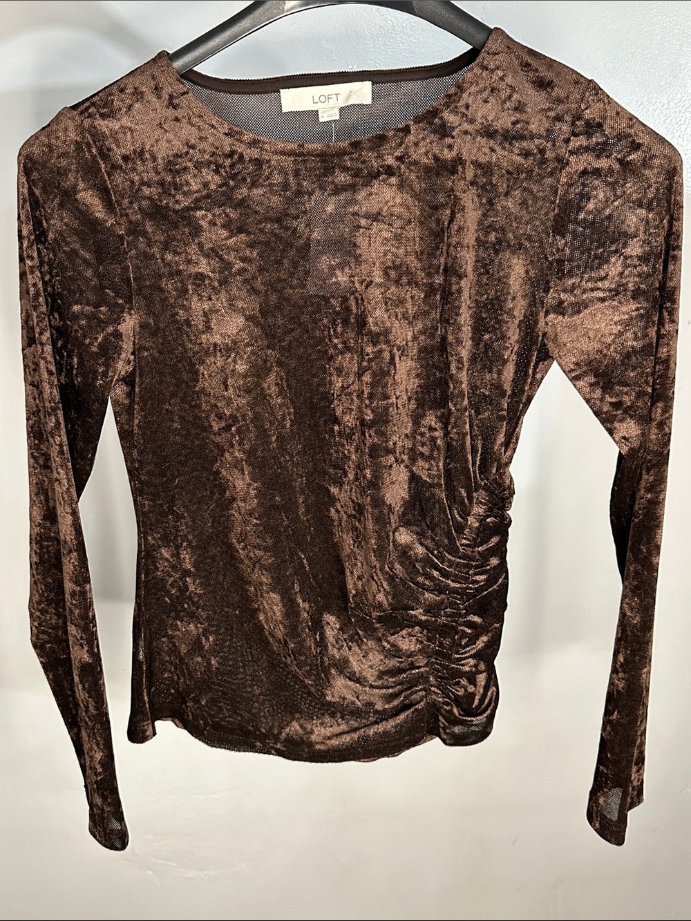 LOFT Brown Crushed Velvet Long-Sleeve Ruched Top